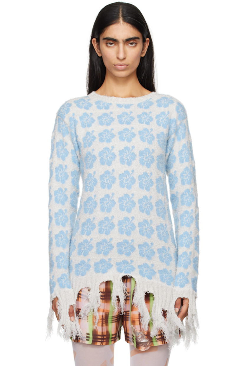 Knit stretch cotton-blend bouclé sweater. Jacquard floral pattern throughout.

· Rib knit collar, hem, and cuffs
· Frayed edge at hem and cuffs

Supplier color: Blue