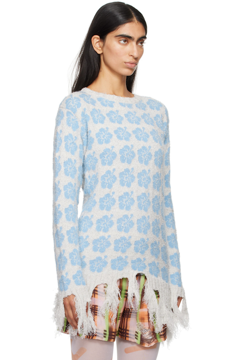Knit stretch cotton-blend bouclé sweater. Jacquard floral pattern throughout.

· Rib knit collar, hem, and cuffs
· Frayed edge at hem and cuffs

Supplier color: Blue