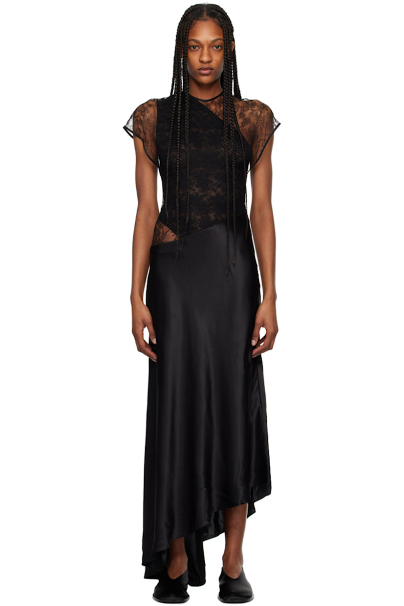Sheer nylon- and viscose-blend lace and silk satin dress.

· Paneled asymmetrical construction 
· Crewneck
· Cap sleeves
· Cutout and zip closure at back
· Partial silk satin lining

Supplier color: Black