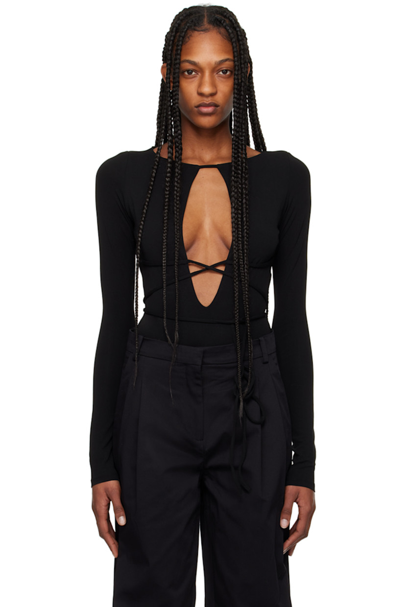 Stretch viscose crepe jersey bodysuit. 

· Crewneck
· Keyhole cutout at chest
· Wraparound self-tie strap at waist
· Press-stud closure at bottom

Supplier color: Black