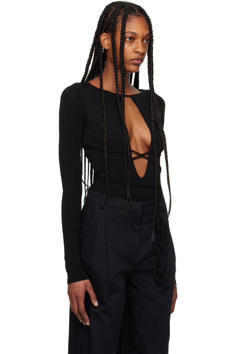 Stretch viscose crepe jersey bodysuit. 

· Crewneck
· Keyhole cutout at chest
· Wraparound self-tie strap at waist
· Press-stud closure at bottom

Supplier color: Black