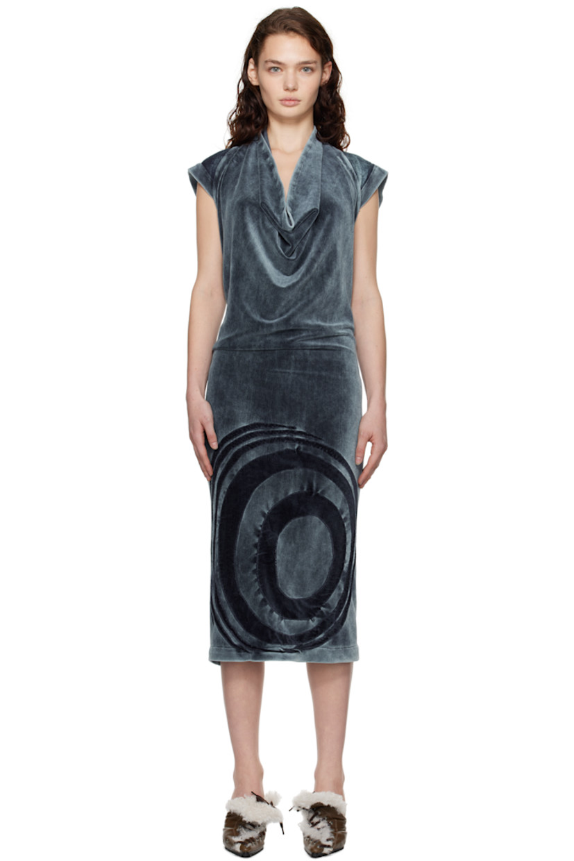 Cotton-blend velour minidress. Fading throughout. 

· Cowl neck 
· Graphic pattern printed at front
· Open back 
· Central vent at back hem
· Unlined

Supplier color: Beverly den twilight
