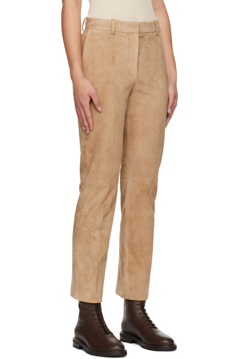 Straight-leg lambskin suede trousers.

· Paneled construction 
· Mid-rise
· Belt loops
· Four-pocket styling
· Zip-fly
· Creased legs
· Full plain-woven stretch cotton lining

Supplier color: Oak