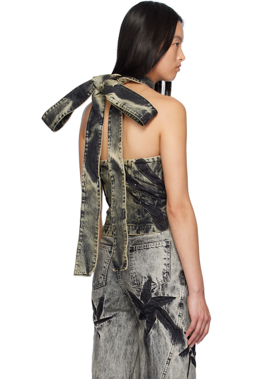 Non-stretch denim tank top. Fading and creasing throughout.

· Mock neck
· Graphics at front
· Self-tie halter strap
· Zip closure at open back

Available exclusively at SSENSE.

Supplier color: Black