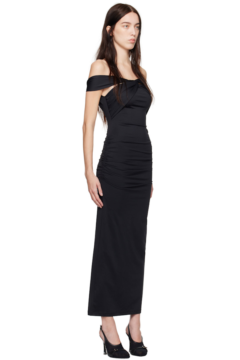 Stretch nylon jersey maxi dress.

· Twisted detailing at V-neck
· Embroidered logo patch at front 
· Ruching at side seams 
· Zip closure at low back
· Central vent at back hem

Supplier color: Black