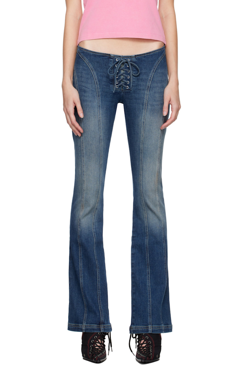 Paneled stretch cotton- and recycled cotton-blend denim jeans. Fading and whiskering throughout.

· Low-rise
· Lace-up detailing at front
· Zip closure and logo plaque at back
· Contrast stitching in tan

Supplier color: Malibu blue