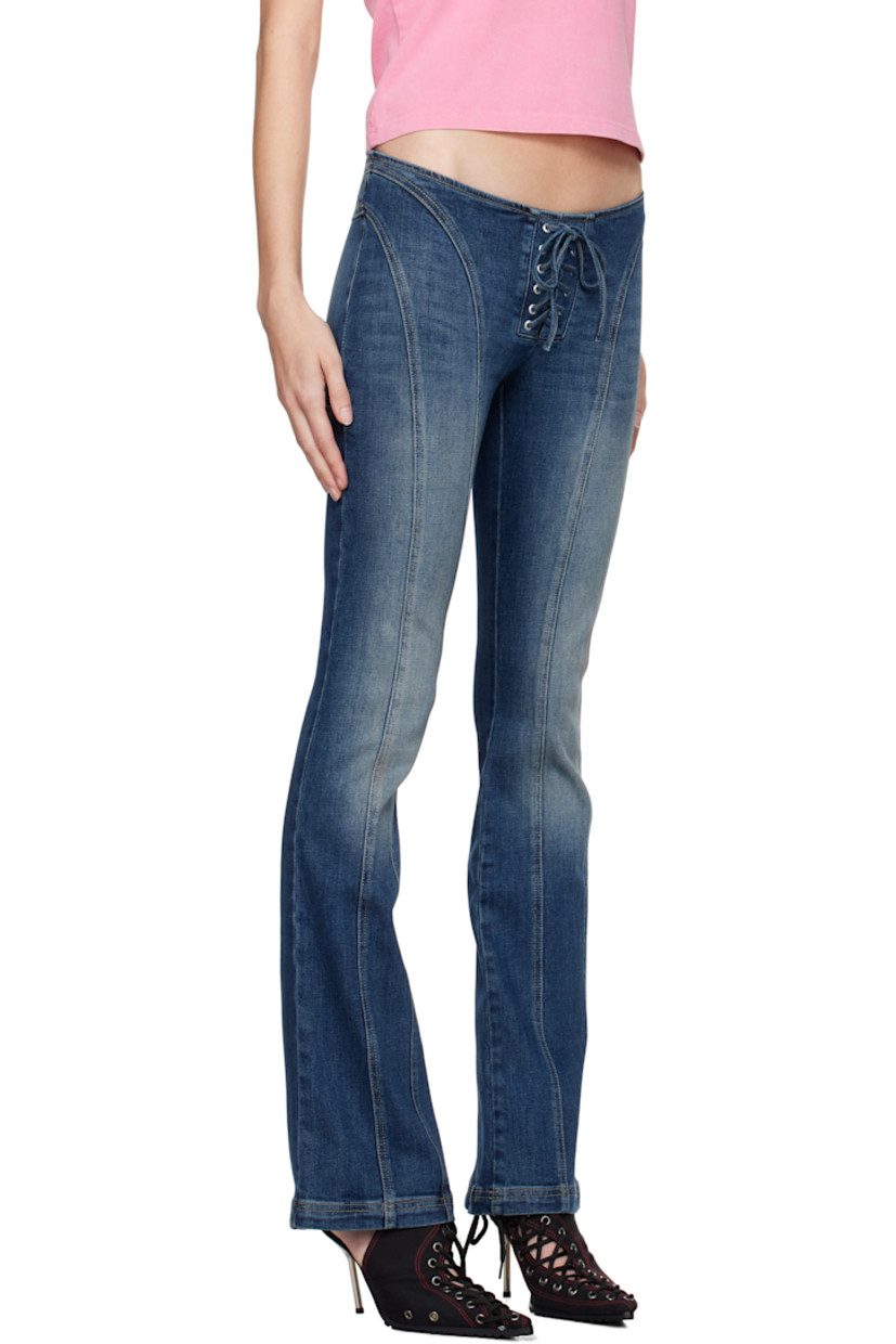Paneled stretch cotton- and recycled cotton-blend denim jeans. Fading and whiskering throughout.

· Low-rise
· Lace-up detailing at front
· Zip closure and logo plaque at back
· Contrast stitching in tan

Supplier color: Malibu blue