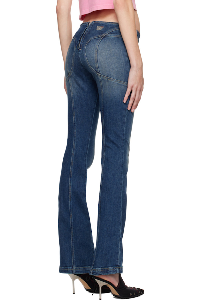 Paneled stretch cotton- and recycled cotton-blend denim jeans. Fading and whiskering throughout.

· Low-rise
· Lace-up detailing at front
· Zip closure and logo plaque at back
· Contrast stitching in tan

Supplier color: Malibu blue