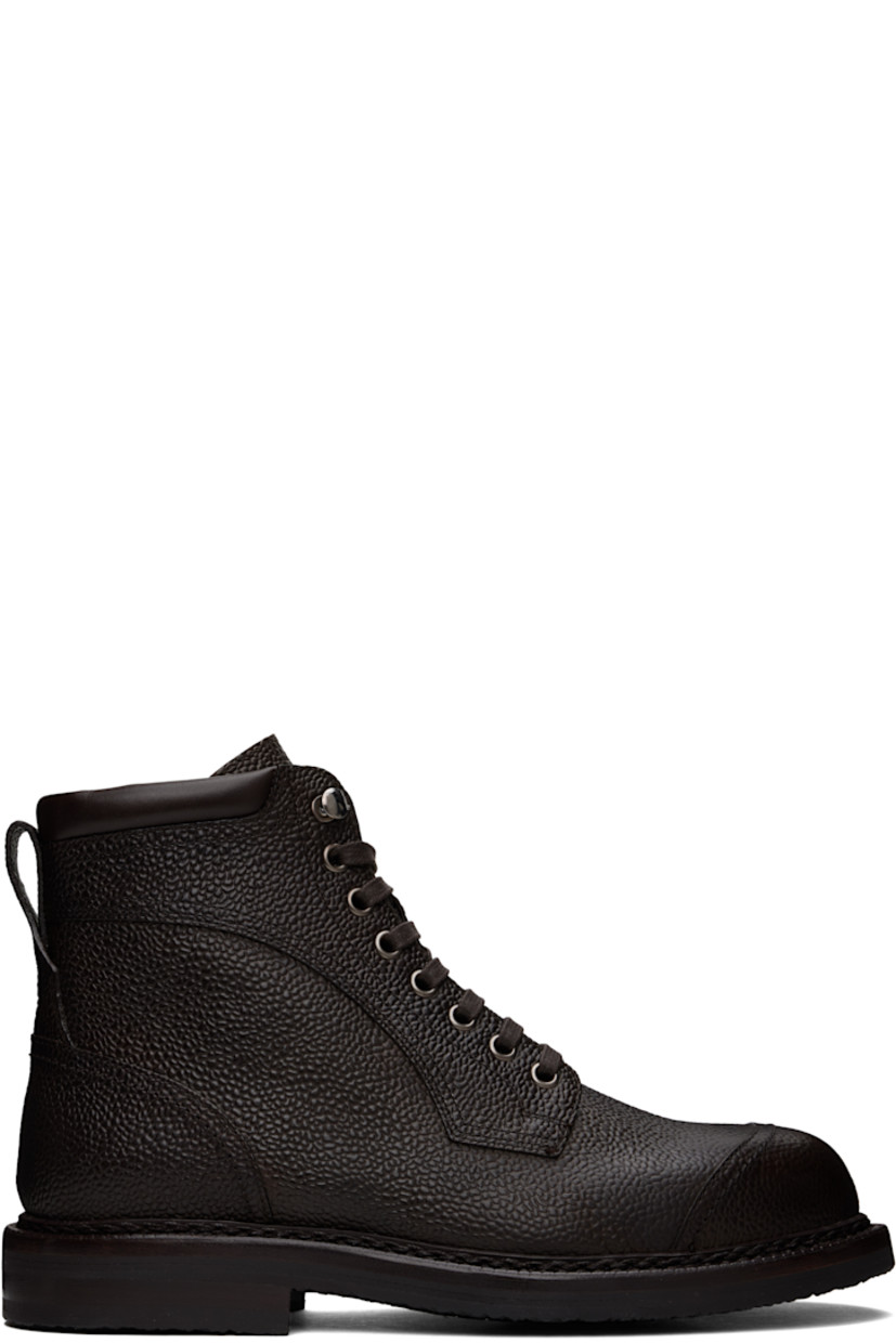 Ankle-high pebbled calfskin boots in brown.

· Lace-up closure
· Padded collar
· Pull-loop at heel
· Scalloped detailing at welt
· Buffed leather lining
· Stacked leather block heel
· Textured rubber sole
· Heel: H1" 

Supplier color: Ebano