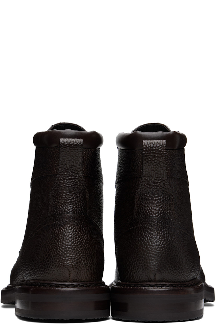 Ankle-high pebbled calfskin boots in brown.

· Lace-up closure
· Padded collar
· Pull-loop at heel
· Scalloped detailing at welt
· Buffed leather lining
· Stacked leather block heel
· Textured rubber sole
· Heel: H1" 

Supplier color: Ebano