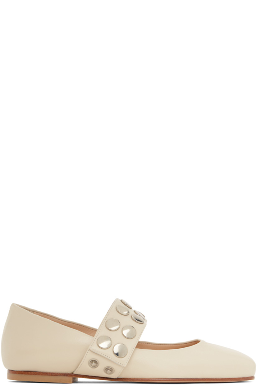 Buffed leather Mary Jane-style ballerina flats in off-white.

· Square toe
· Studded adjustable press-stud strap at vamp
· Logo embossed at padded footbed
· Rubber heel
· Leather sole 
· Silver-tone hardware

Part of the exclusive SSENSE Bridal capsule.

Supplier color: Off white