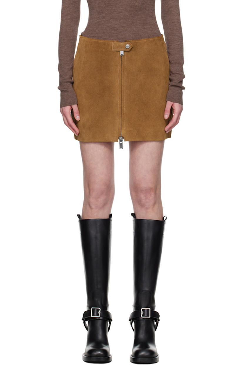Suede miniskirt. 

· Mid-rise
· Press-stud tab at waist
· Two-way zip closure
· Two-pocket styling
· Full satin lining 
· Logo-engraved gunmetal-tone hardware

Supplier color: Camel