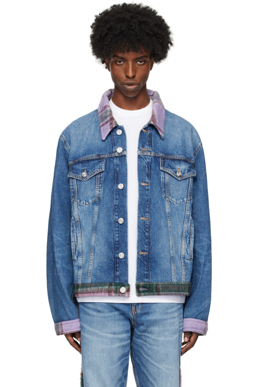 Boxy-fit non-stretch denim jacket. Fading and whiskering throughout.

· Brushed plaid trim at spread collar, hem, and cuffs
· Button closure
· Flap and welt pockets at front
· Single-button barrel cuffs
· Adjustable button-tabs at back hem
· Logo-engraved silver-tone hardware
· Contrast stitching in tan

Supplier color: Stonewash blue