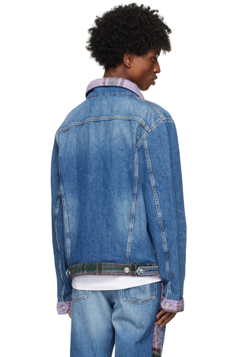 Boxy-fit non-stretch denim jacket. Fading and whiskering throughout.

· Brushed plaid trim at spread collar, hem, and cuffs
· Button closure
· Flap and welt pockets at front
· Single-button barrel cuffs
· Adjustable button-tabs at back hem
· Logo-engraved silver-tone hardware
· Contrast stitching in tan

Supplier color: Stonewash blue