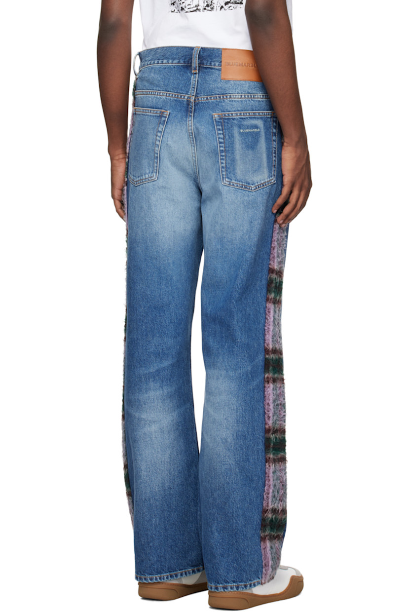 Bootcut non-stretch denim jeans. Fading and whiskering throughout.

· Belt loops
· Five-pocket styling
· Zip-fly
· Brushed plaid trim at front pockets and outseams
· Leather logo patch at back waistband
· Logo printed at back pocket
· Logo-engraved silver-tone hardware
· Contrast stitching in tan

Supplier color: Stonewash blue
