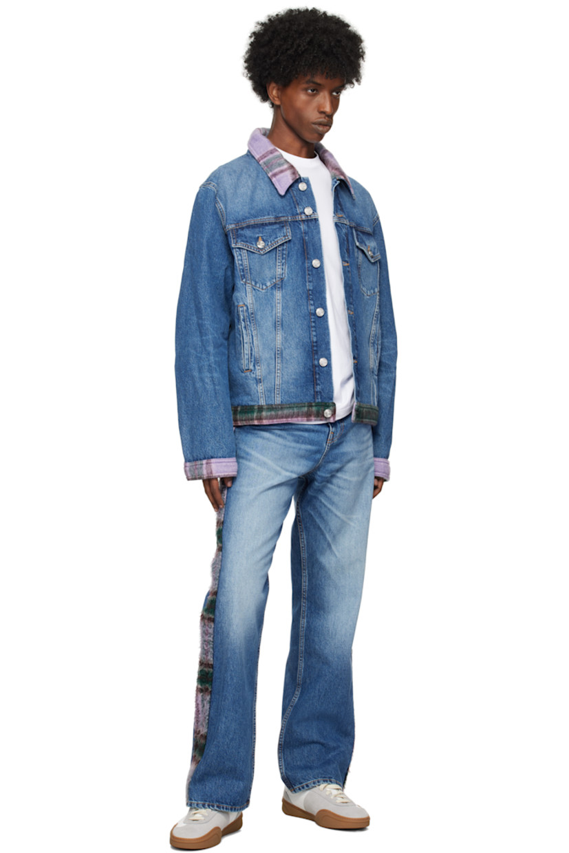 Bootcut non-stretch denim jeans. Fading and whiskering throughout.

· Belt loops
· Five-pocket styling
· Zip-fly
· Brushed plaid trim at front pockets and outseams
· Leather logo patch at back waistband
· Logo printed at back pocket
· Logo-engraved silver-tone hardware
· Contrast stitching in tan

Supplier color: Stonewash blue
