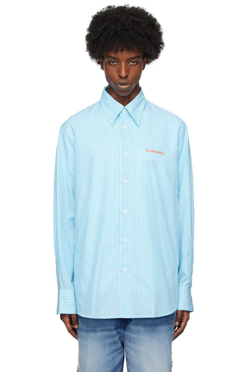 Cotton poplin shirt. Stripes throughout.

· Spread collar
· Button closure
· Logo embroidered at front
· Shirttail hem
· Pleats at two-button barrel cuffs
· Box pleat at back yoke
· Mother-of-pearl hardware

Supplier color: Light blue stripes