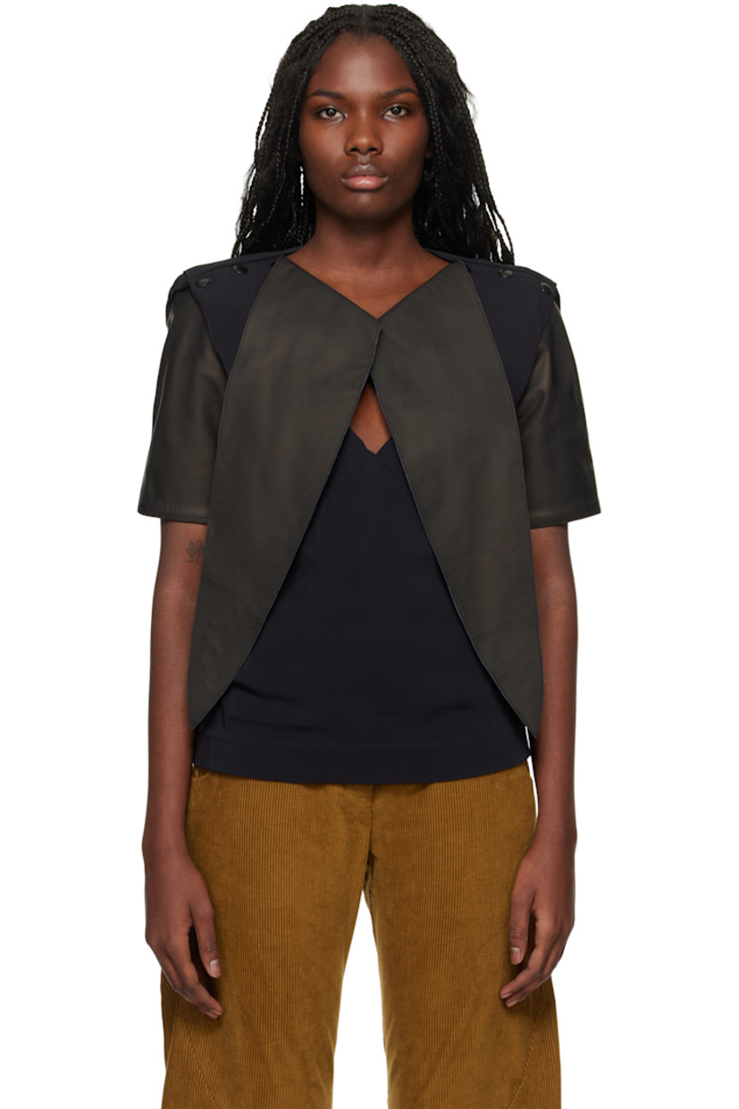 Viscose bonded jersey and grained leather T-shirt.

· Paneled and layered construction
· V-neck
· Press-stud fastenings at shoulders
· Cutout and draping at back

Part of the ECCO.Kollektive x Kiko Kostadinov collaboration.

Supplier color: Black