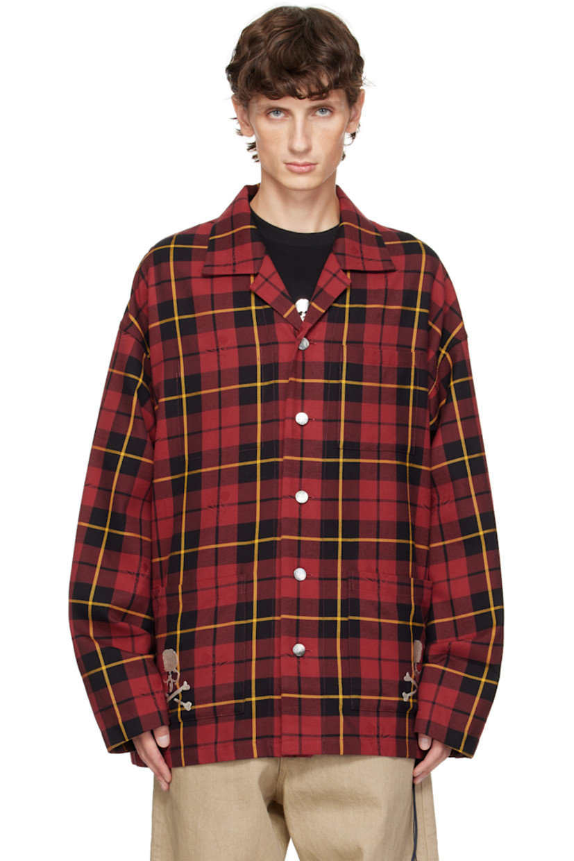 Cotton flannel jacket. Check pattern and logos woven throughout. 

· Open spread collar
· Button closure
· Patch pockets
· Embroidered logo graphics at front 
· Two-button barrel cuffs
· Logo embroidered at back
· Detachable logo-printed trim at interior
· Unlined
· Logo-engraved hardware

Supplier color: Burgundy plaid