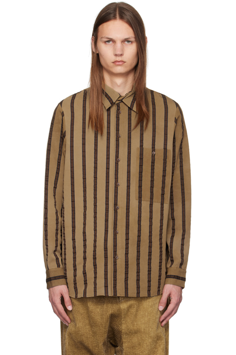 Viscose- and cotton-blend twill shirt. Ruching and stripe pattern throughout.

· Spread collar
· Button closure
· Patch pocket at front
· Shirttail hem

Supplier color: Tan/brown