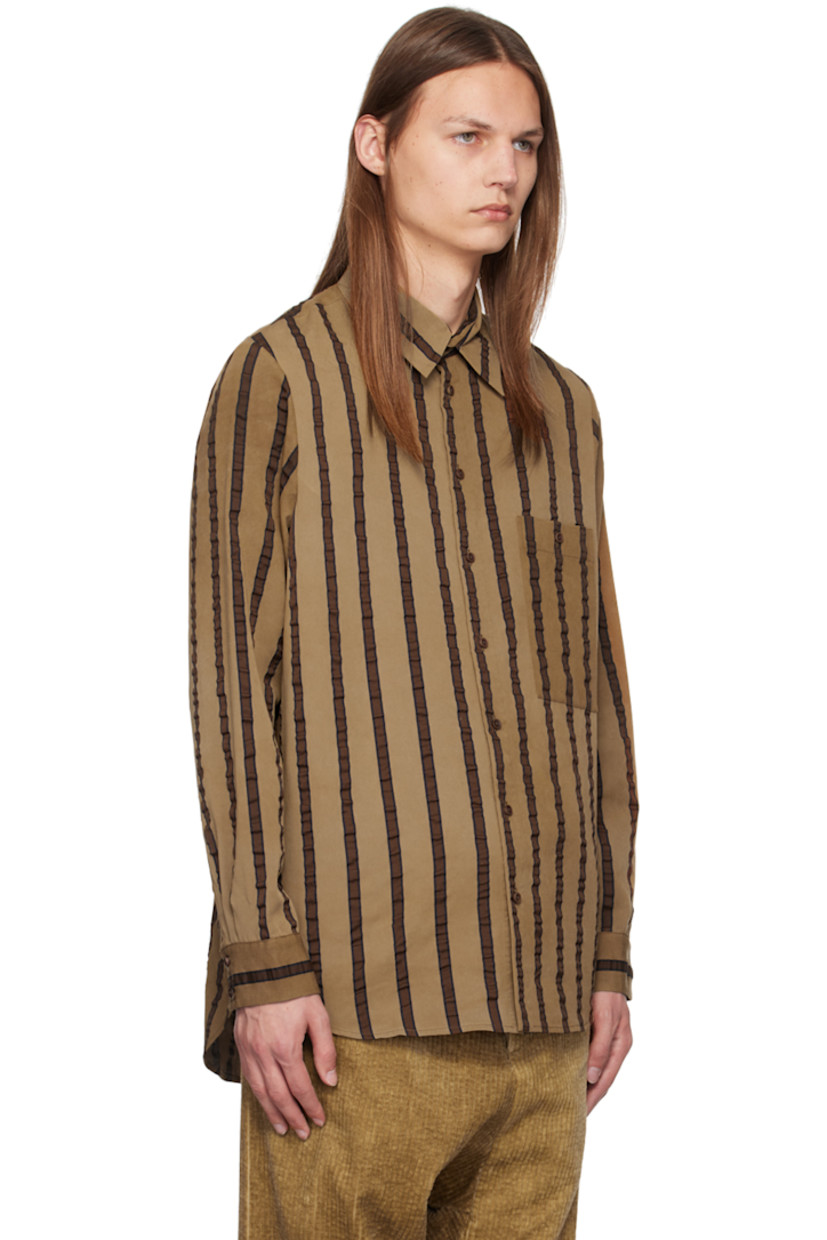 Viscose- and cotton-blend twill shirt. Ruching and stripe pattern throughout.

· Spread collar
· Button closure
· Patch pocket at front
· Shirttail hem

Supplier color: Tan/brown