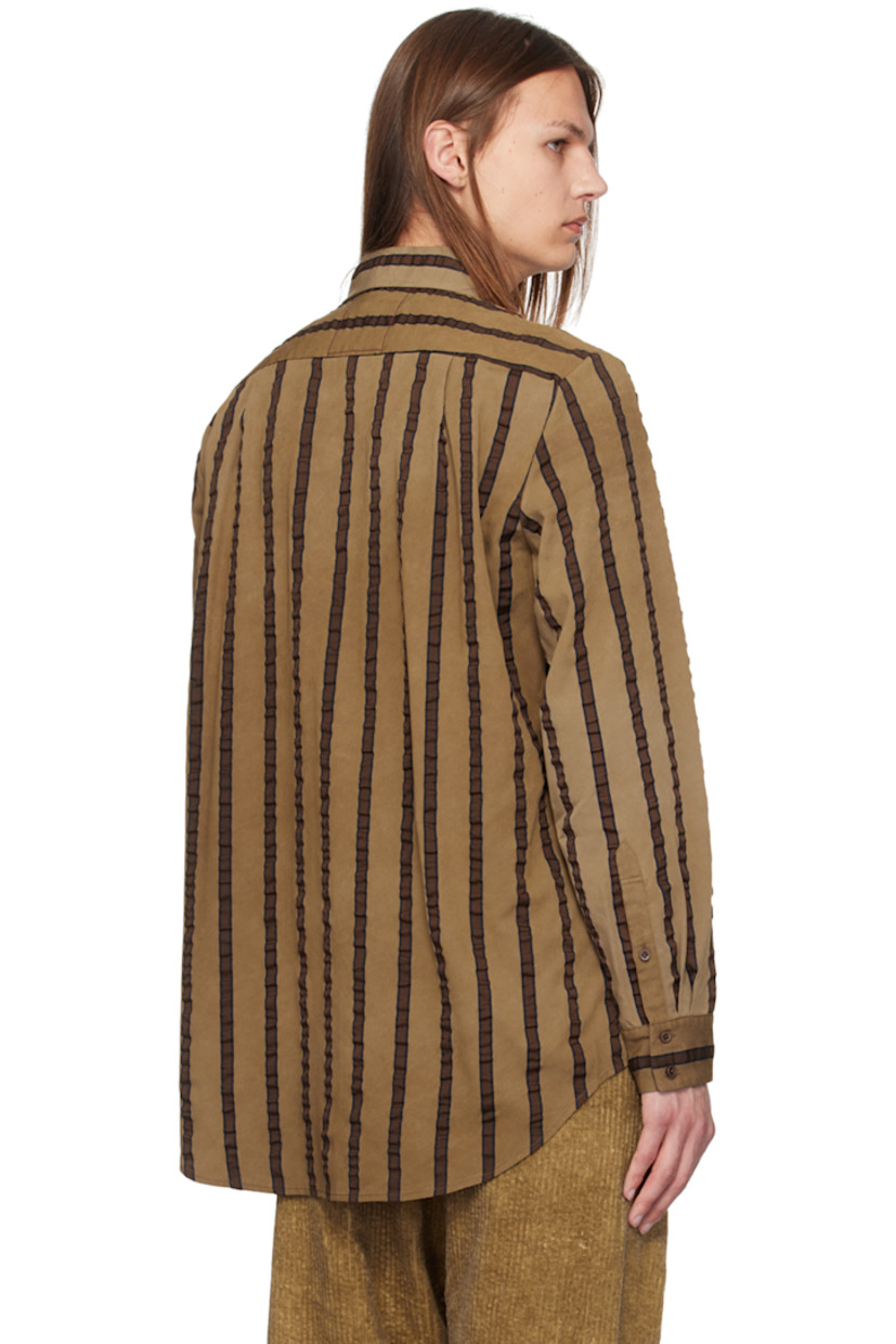 Viscose- and cotton-blend twill shirt. Ruching and stripe pattern throughout.

· Spread collar
· Button closure
· Patch pocket at front
· Shirttail hem

Supplier color: Tan/brown