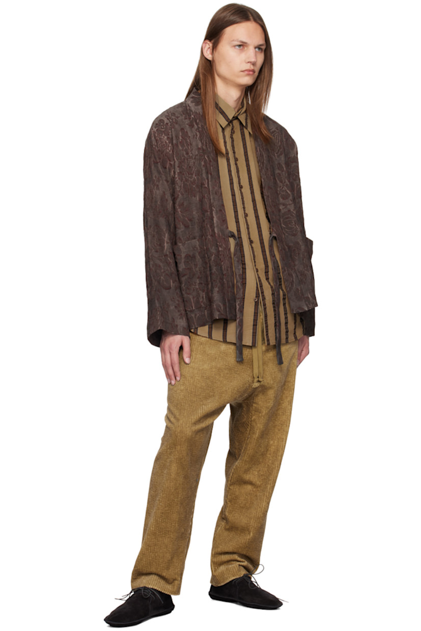 Viscose- and cotton-blend twill shirt. Ruching and stripe pattern throughout.

· Spread collar
· Button closure
· Patch pocket at front
· Shirttail hem

Supplier color: Tan/brown
