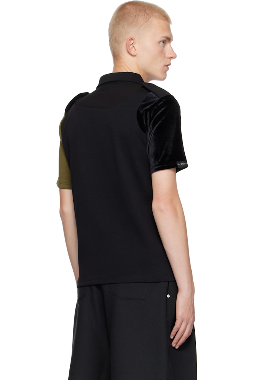 Stretch knit viscose-blend, stretch cotton jersey, and polyester velvet polo.

· Paneled construction
· Spread collar
· Four-button placket
· Epaulets
· Logo patch at cuff

Supplier color: Khaki/Black/Silver