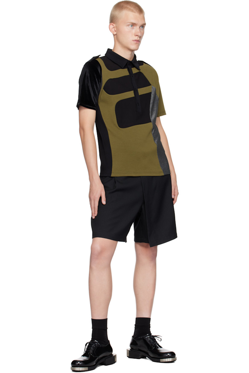 Stretch knit viscose-blend, stretch cotton jersey, and polyester velvet polo.

· Paneled construction
· Spread collar
· Four-button placket
· Epaulets
· Logo patch at cuff

Supplier color: Khaki/Black/Silver