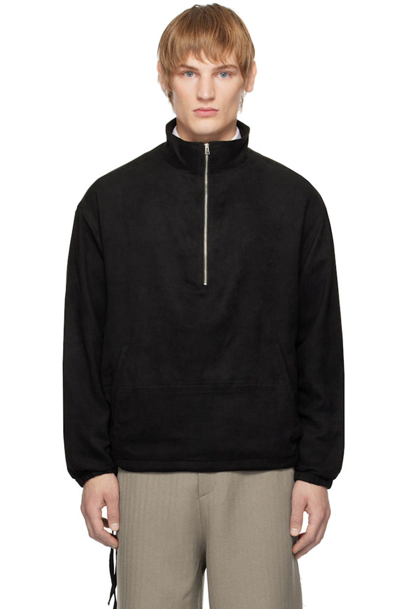 Relaxed-fit faux-suede jacket.

· Stand collar
· Half-zip expansion panel
· Kangaroo pocket
· Concealed self-tie drawstring at hem
· Elasticized cuffs

Supplier color: Black