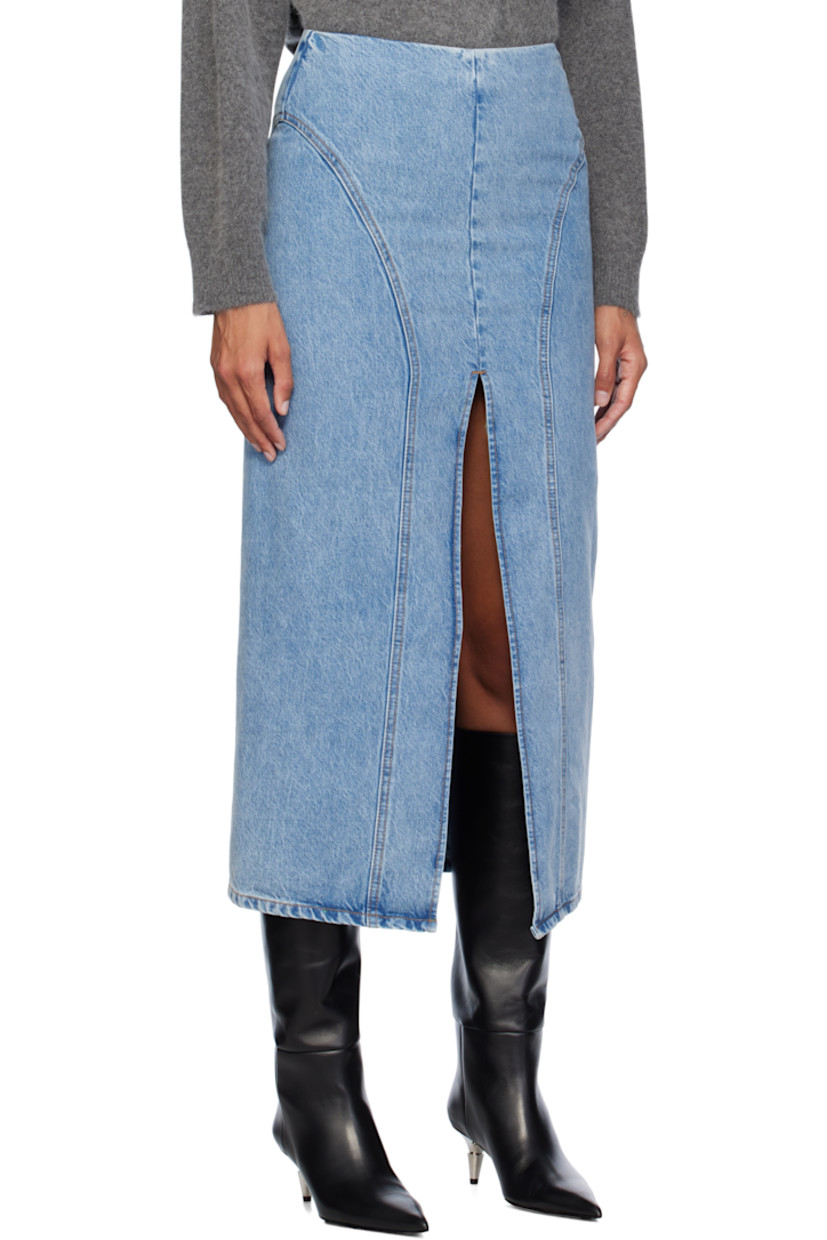 Non-stretch organic cotton-blend denim midi skirt.

· Slim-fit
· Paneled construction
· Slit at front hem
· Concealed zip closure at back waistband
· Contrast stitching in tan

Supplier color: Faded denim