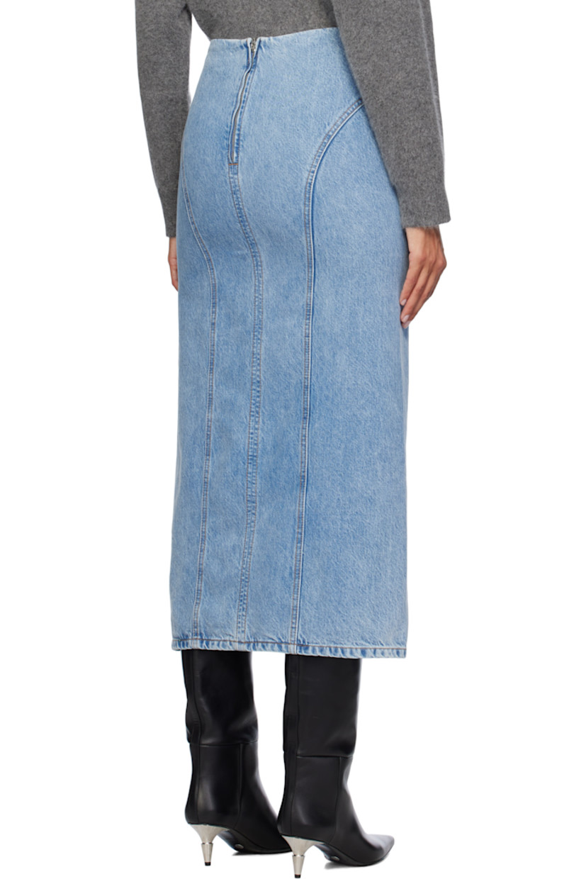 Non-stretch organic cotton-blend denim midi skirt.

· Slim-fit
· Paneled construction
· Slit at front hem
· Concealed zip closure at back waistband
· Contrast stitching in tan

Supplier color: Faded denim