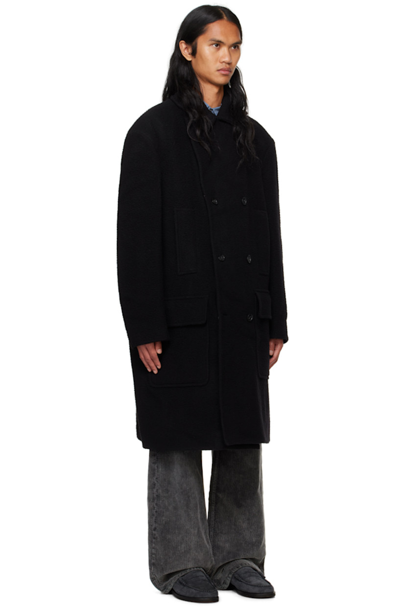 Brushed wool-blend melton coat.

· Notched lapel
· Double-breasted button closure
· Welt and flap pockets
· Central vent at back hem
· Welt pocket at interior
· Full satin twill lining

Supplier color: Black Casentino