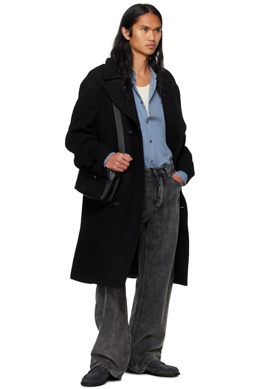 Brushed wool-blend melton coat.

· Notched lapel
· Double-breasted button closure
· Welt and flap pockets
· Central vent at back hem
· Welt pocket at interior
· Full satin twill lining

Supplier color: Black Casentino
