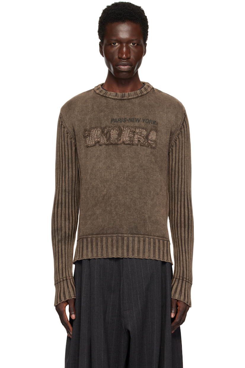 Knit cotton sweater. Fading and rib-knit trim throughout. 

· Crewneck
· Text printed at chest
· Logo appliqué with frayed edges at chest

Supplier color: Brown