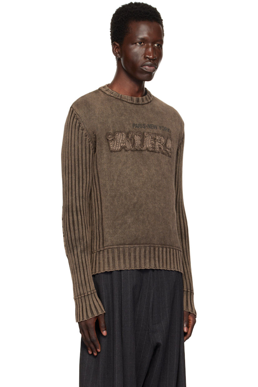 Knit cotton sweater. Fading and rib-knit trim throughout. 

· Crewneck
· Text printed at chest
· Logo appliqué with frayed edges at chest

Supplier color: Brown
