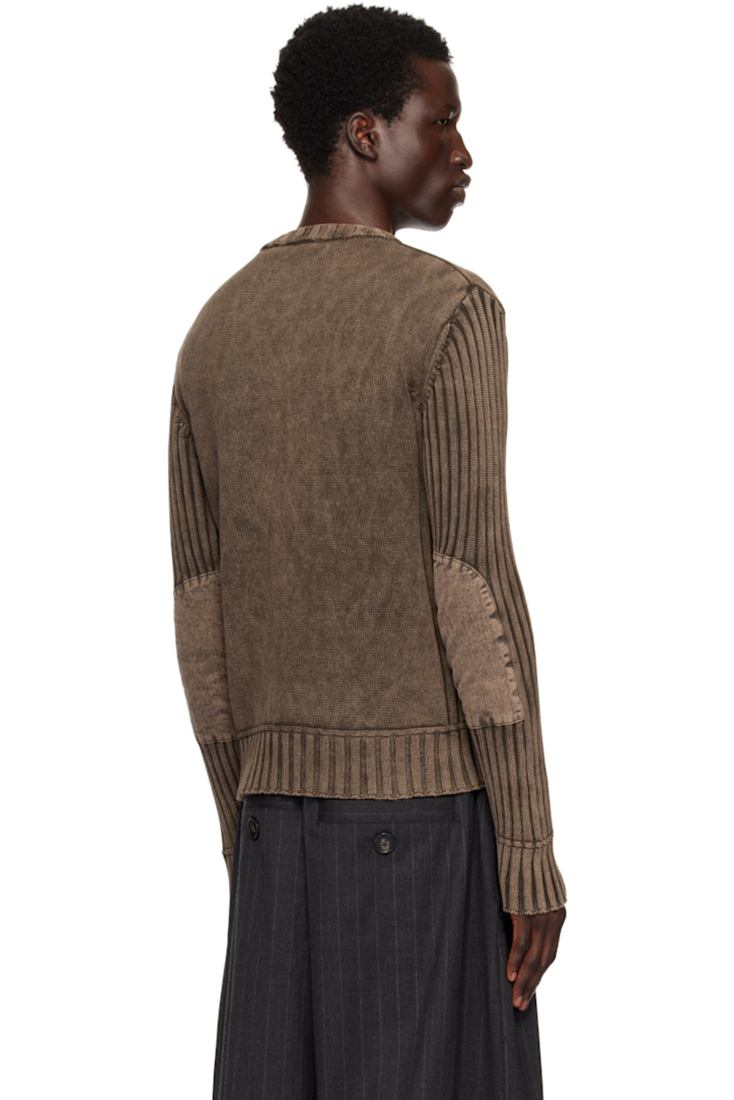 Knit cotton sweater. Fading and rib-knit trim throughout. 

· Crewneck
· Text printed at chest
· Logo appliqué with frayed edges at chest

Supplier color: Brown