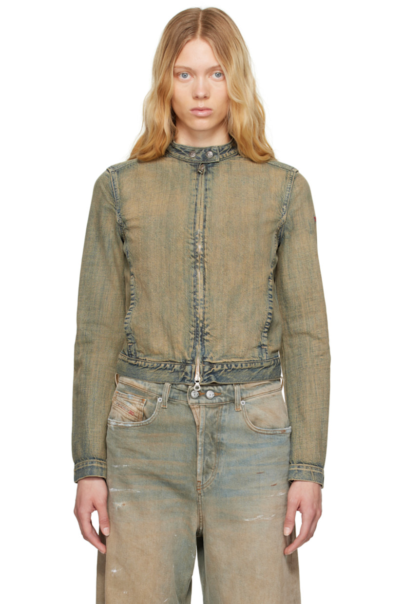 Non-stretch denim jacket. Fading and subtle distressing throughout. 

· Press-stud fastening at stand collar 
· Two-way zip closure 
· Welt pockets 
· Cropped hem
· Logo embroidered at sleeve
· Logo-engraved silver-tone hardware 

Supplier color: Blue