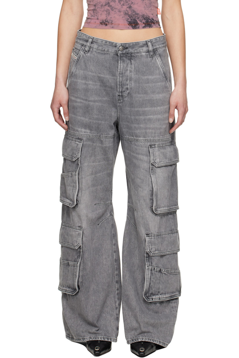 Wide-leg non-stretch denim jeans. Fading, whiskering, and subtle distressing throughout. 

· Paneled construction 
· Low-rise
· Belt loops 
· Five-pocket styling 
· Button fly 
· Logo patch at coin pocket
· Cargo pockets at outseams 
· Darts at inseams 
· Logo hardware at back waistband 
· Logo-engraved silver-tone hardware

Supplier color: Light grey