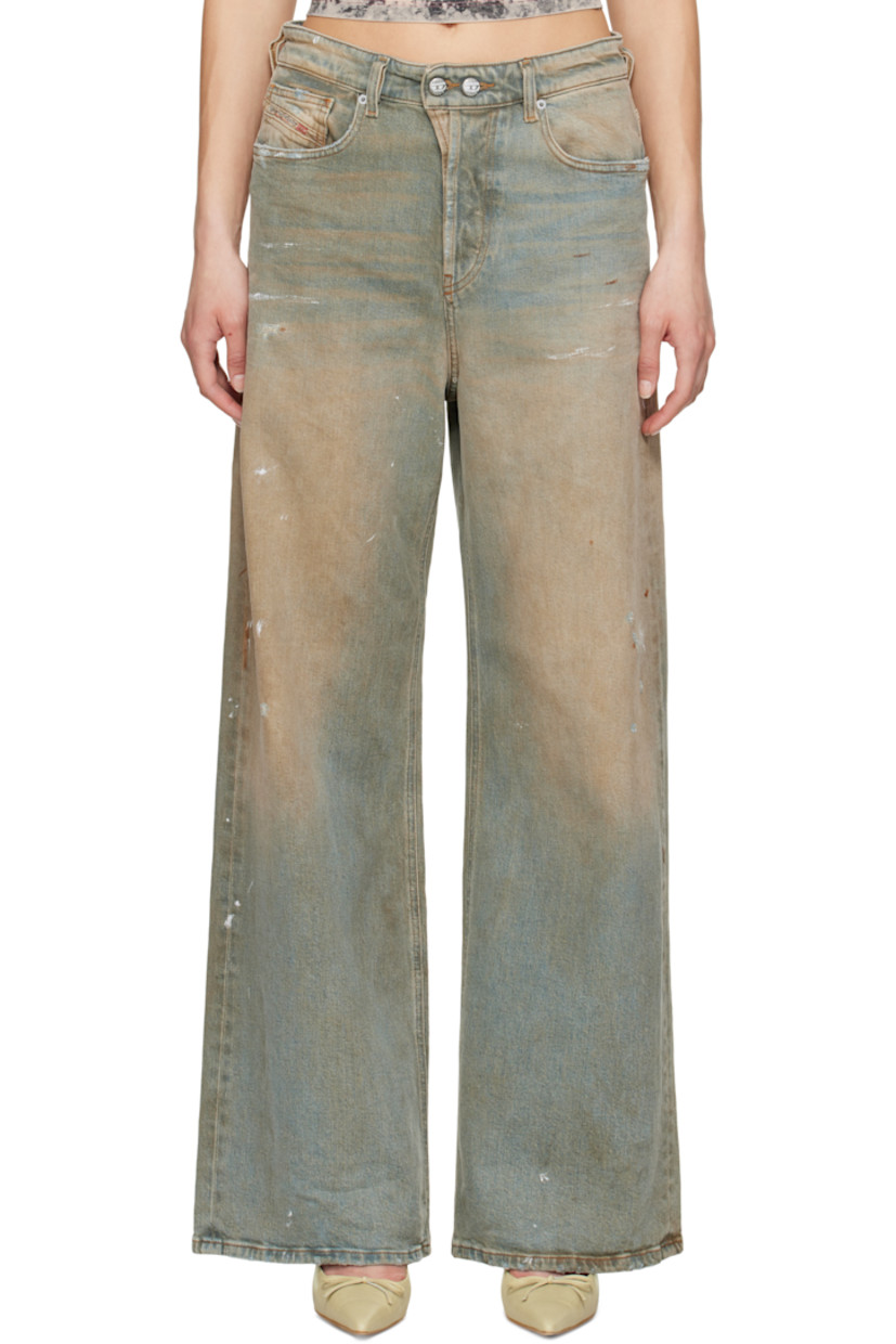 Wide-leg stretch cotton- and hemp-blend denim jeans. Paint splatter, fading, smudging, and distressing throughout.

· Low-rise
· Belt loops
· Five-pocket styling
· Button fly
· Logo patch at coin pocket
· Jacron logo patch at back waistband
· Logo-engraved silver-tone hardware
· Contrast stitching in tan

Supplier color: Light blue