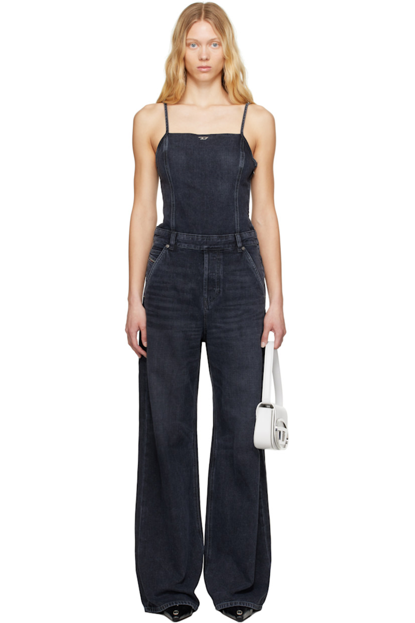 Stonewashed non-stretch cotton- and modal-blend denim jumpsuit. Hand-sanded fading, whiskering, and subtle distressing throughout.

· Logo hardware at square neck
· Belt loops
· Five-pocket styling
· Button fly 
· Logo patch at coin pocket
· Concealed zip closure at side seam
· Adjustable spaghetti straps
· Low back

Supplier color: Cause and effect