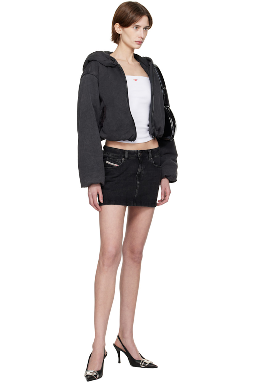 Non-stretch denim miniskirt. Fading, whiskering, and subtle distressing throughout.

· Low-rise
· Belt loops
· Three-pocket styling
· Zip-fly
· Logo patch at coin pocket
· Jacron logo patch at back waistband
· Logo-engraved gunmetal-tone hardware

Supplier color: Black/Denim