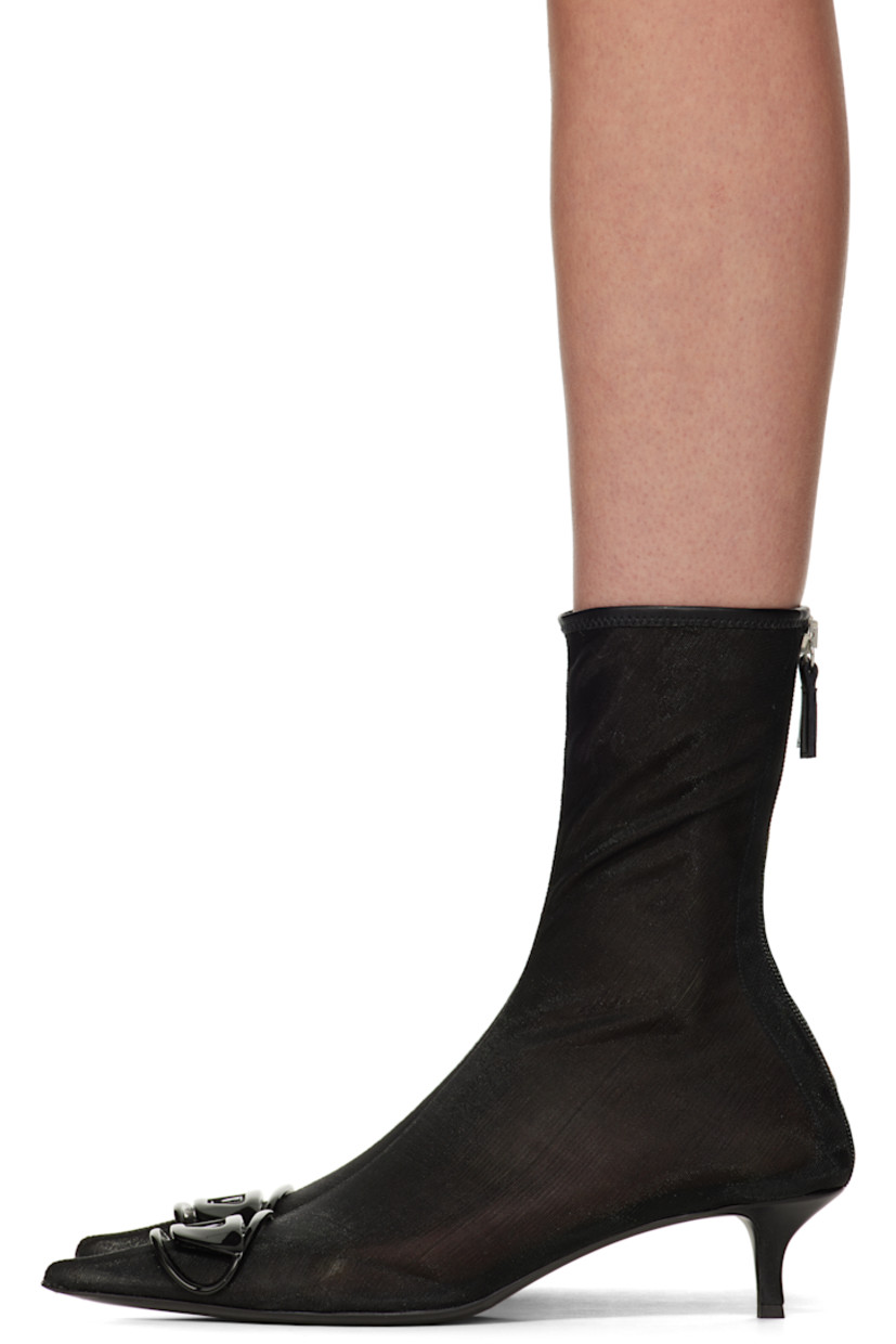 Ankle-high semi-sheer stretch mesh boots in black.

· Buffed leather trim throughout
· Logo hardware at pointed toe
· Zip closure at heel
· Covered kitten heel with rubber injection
· Leather sole
· Heel: H1.75"

Supplier color: Black
