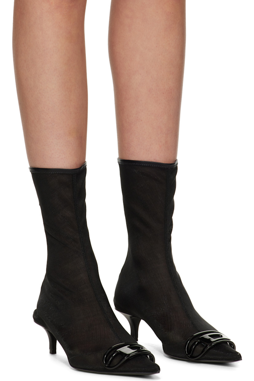 Ankle-high semi-sheer stretch mesh boots in black.

· Buffed leather trim throughout
· Logo hardware at pointed toe
· Zip closure at heel
· Covered kitten heel with rubber injection
· Leather sole
· Heel: H1.75"

Supplier color: Black