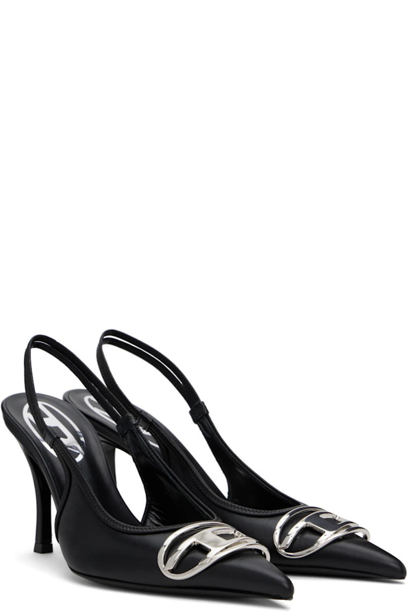Grained nappa leather heels in black.

· Pointed toe
· Silver-tone logo hardware at vamp
· Elasticized slingback strap
· Grained leather lining
· Logo stamp at padded leather footbed
· Covered stiletto heel with rubber injection
· Leather sole
· Heel: H3.5"

Supplier color: Black