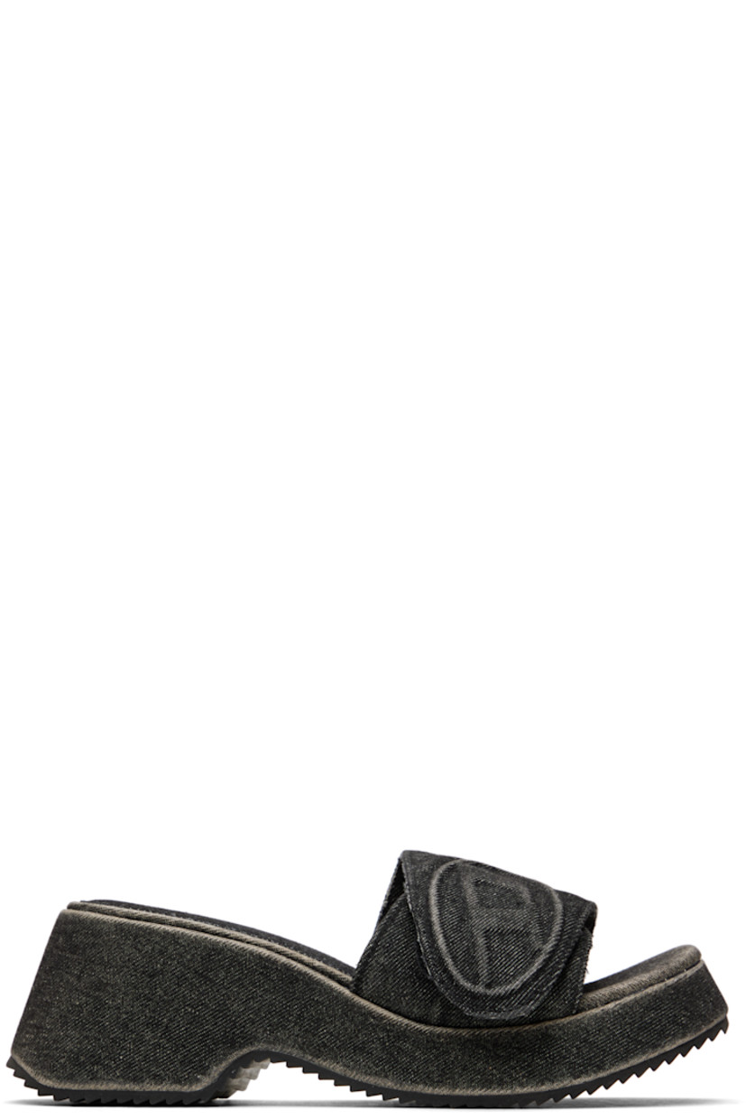 Denim slip-on heeled sandals in black.

· Fading throughout
· Open toe
· Logo-embossed velcro strap at vamp
· Padded footbed
· Covered block heel midsole
· Treaded rubber sole
· Heel: H2.5"

Supplier color: Black