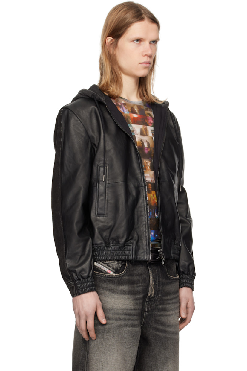 Grained sheepskin, denim, and French terry hoodie-style jacket. Fading throughout.

· Paneled construction
· Drawstring at hood
· Two-way zip closure
· Welt pockets
· Elasticized hem and cuffs
· Adjustable press-stud tabs at back hem
· Welt pocket at interior
· Partial cotton poplin lining
· Logo-engraved silver-tone hardware

Supplier color: Black