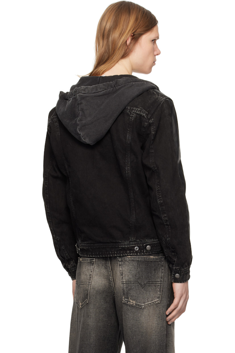 Grained sheepskin, denim, and French terry hoodie-style jacket. Fading throughout.

· Paneled construction
· Drawstring at hood
· Two-way zip closure
· Welt pockets
· Elasticized hem and cuffs
· Adjustable press-stud tabs at back hem
· Welt pocket at interior
· Partial cotton poplin lining
· Logo-engraved silver-tone hardware

Supplier color: Black