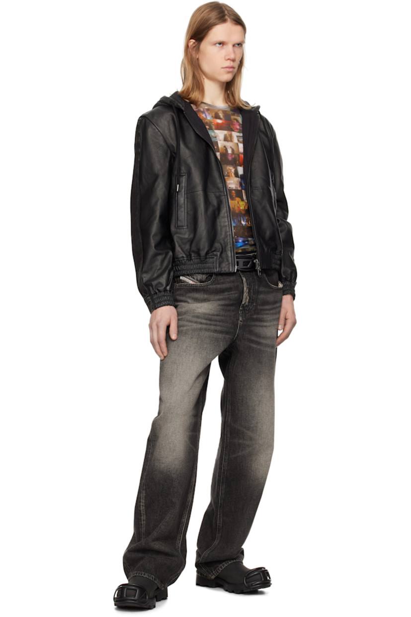 Grained sheepskin, denim, and French terry hoodie-style jacket. Fading throughout.

· Paneled construction
· Drawstring at hood
· Two-way zip closure
· Welt pockets
· Elasticized hem and cuffs
· Adjustable press-stud tabs at back hem
· Welt pocket at interior
· Partial cotton poplin lining
· Logo-engraved silver-tone hardware

Supplier color: Black