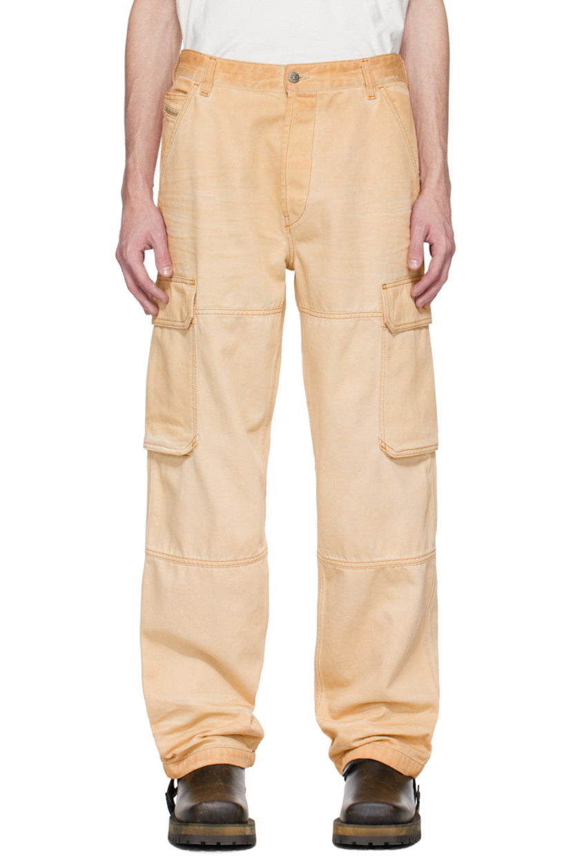 Non-stretch denim jeans. Fading, whiskering, and subtle distressing throughout. 

· Paneled construction
· Mid-rise
· Belt loops 
· Five-pocket styling 
· Button fly 
· Logo patch at coin pocket 
· Cargo pocket at outseams
· Logo hardware at back waistband 
· Logo-engraved gunmetal-tone hardware 
· Contrast stitching in tan

Supplier color: Tan